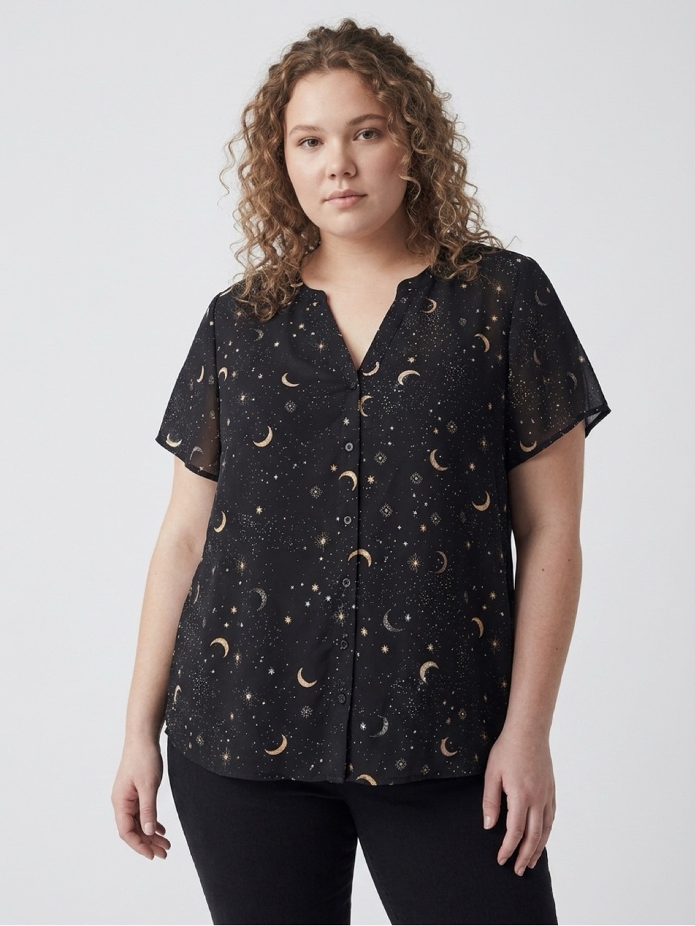 torrid Black Short Sleeve Button Front Blouse with Gold Moon & Star Print